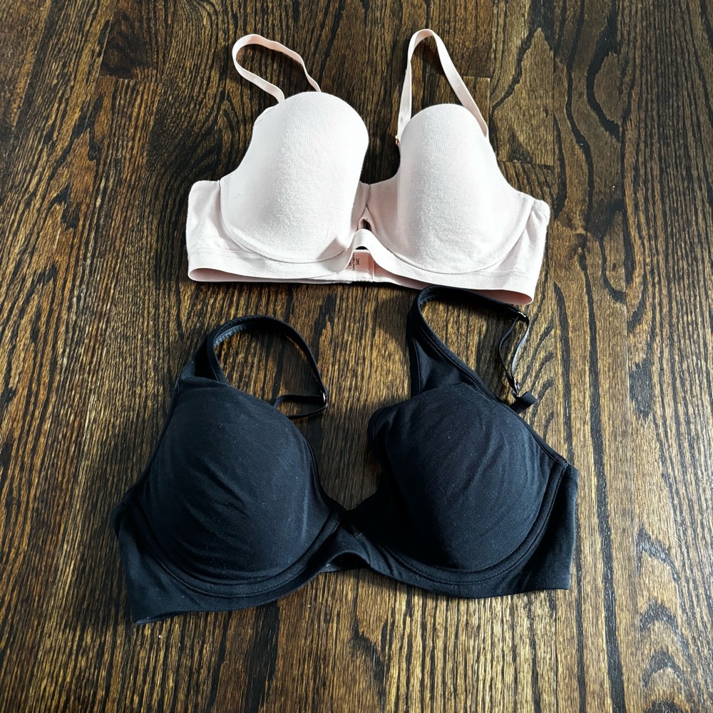 THIRDLOVE 24/7 cotton plunge bra black and 24/7 cotton tshirt bra nude 34C